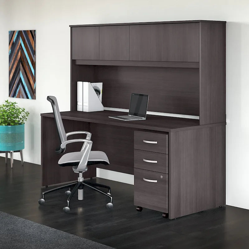 72W Office Desk with Hutch and 3-Drawer Mobile File Cabinet