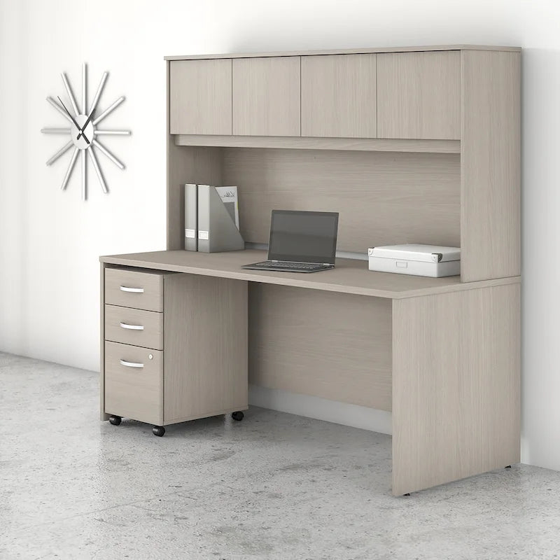 72W Office Desk with Hutch and 3-Drawer Mobile File Cabinet
