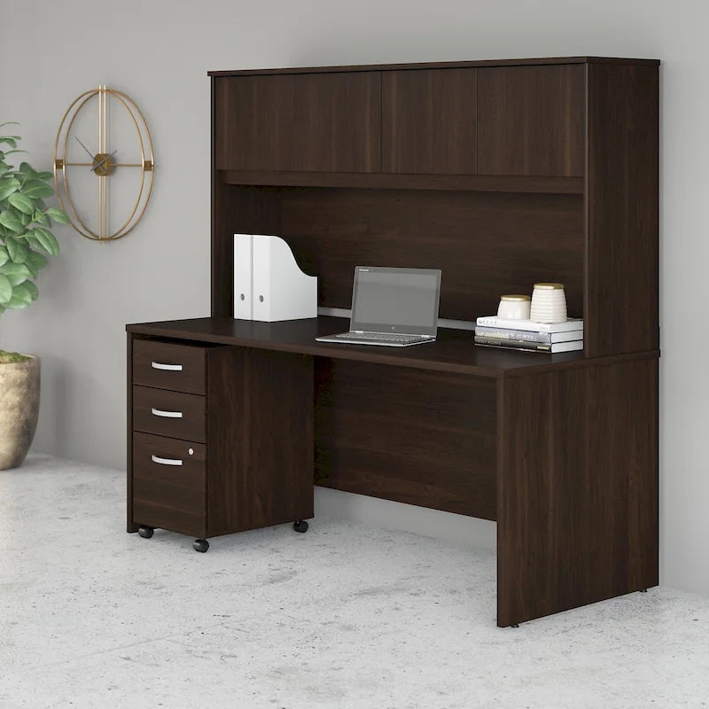 72W Office Desk with Hutch and 3-Drawer Mobile File Cabinet