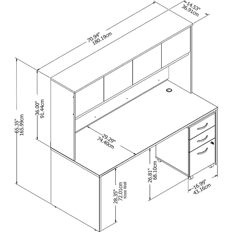72W Office Desk with Hutch and 3-Drawer Mobile File Cabinet