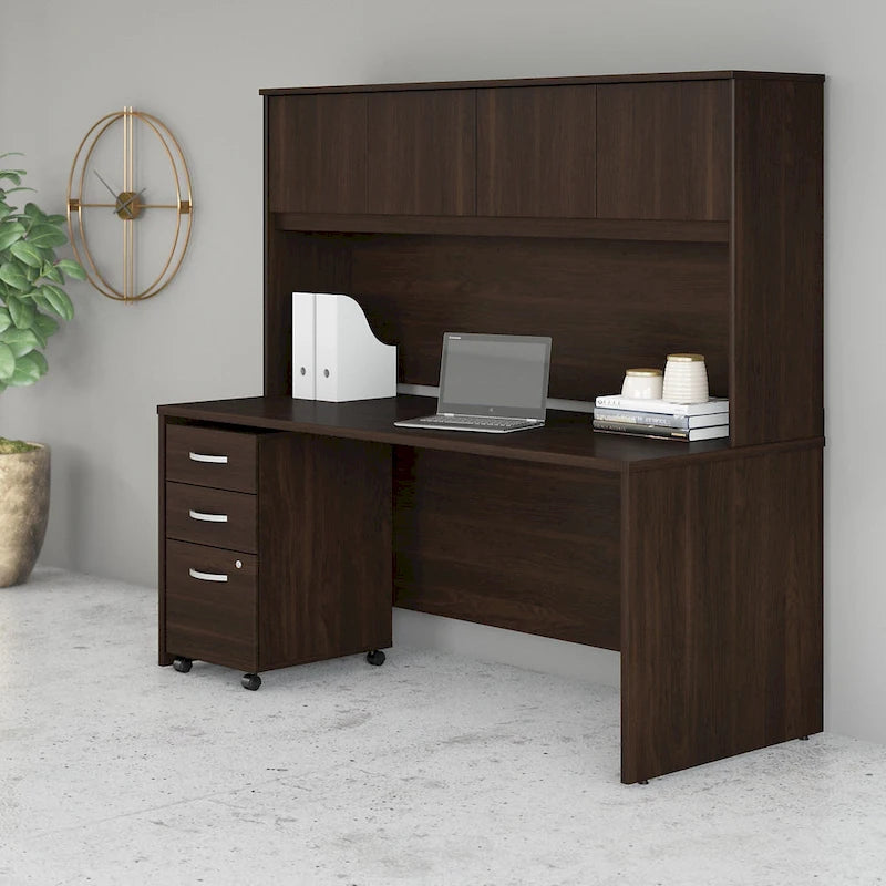 72W Office Desk with Hutch and 3-Drawer Mobile File Cabinet