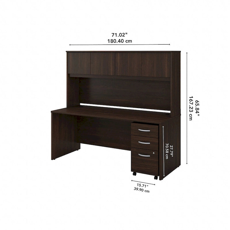 72W Office Desk with Hutch and 3-Drawer Mobile File Cabinet