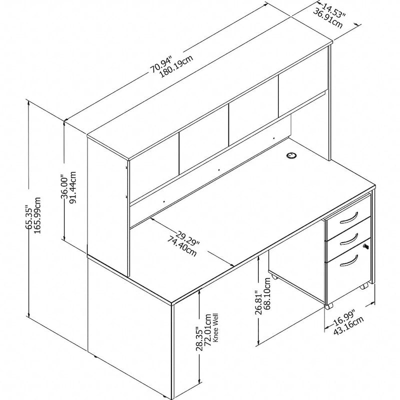 72W Office Desk with Hutch and 3-Drawer Mobile File Cabinet