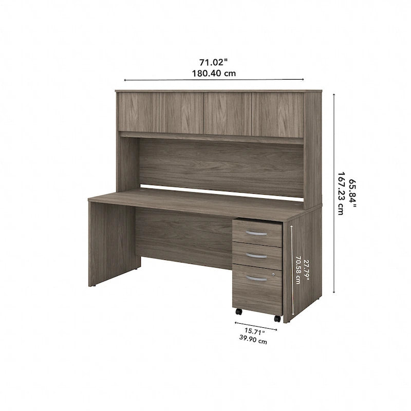 72W Office Desk with Hutch and 3-Drawer Mobile File Cabinet