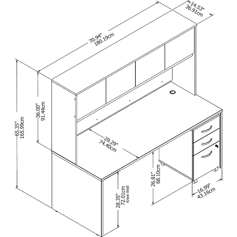 72W Office Desk with Hutch and 3-Drawer Mobile File Cabinet