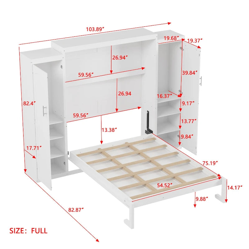 Full Size Murphy Bed with Two Wardrobes and Storage Shelf for Guest Room