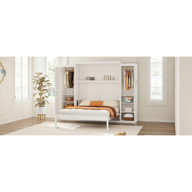 Full Size Murphy Bed with Two Wardrobes and Storage Shelf for Guest Room