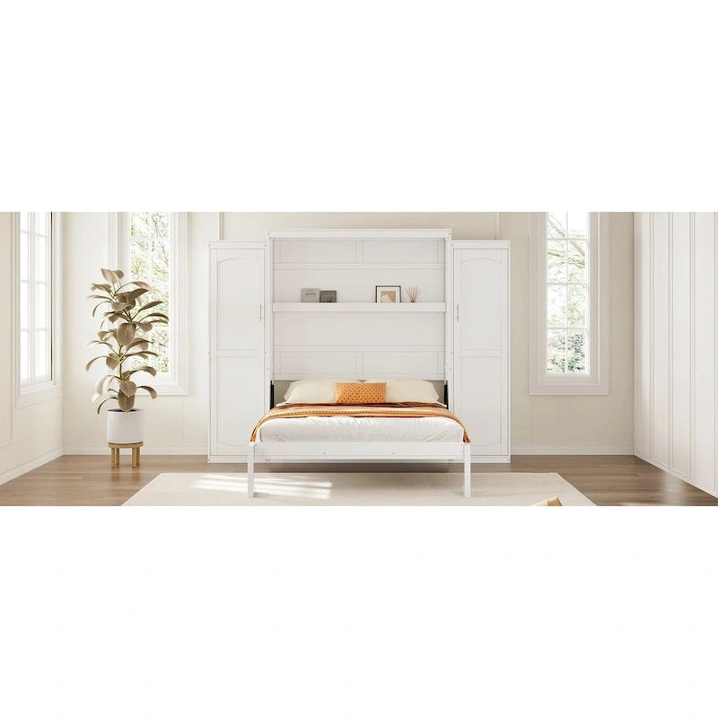 Full Size Murphy Bed with Two Wardrobes and Storage Shelf for Guest Room
