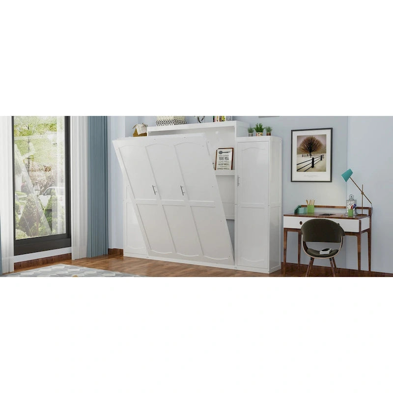 Full Size Murphy Bed with Two Wardrobes and Storage Shelf for Guest Room