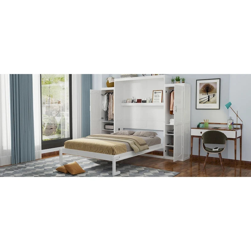 Full Size Murphy Bed with Two Wardrobes and Storage Shelf for Guest Room