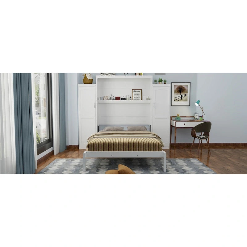 Full Size Murphy Bed with Two Wardrobes and Storage Shelf for Guest Room