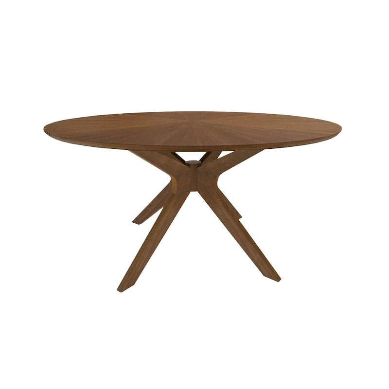 Modern 59-Inch Round Walnut Dining Table with Sunburst Veneer Top - Seats 6