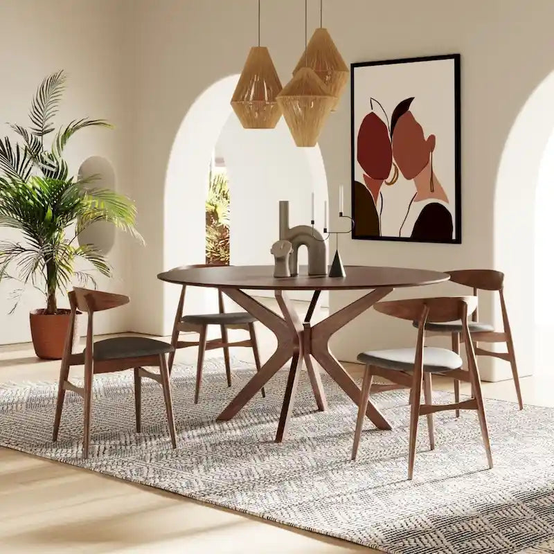 Modern 59-Inch Round Walnut Dining Table with Sunburst Veneer Top - Seats 6