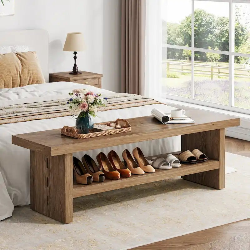 47-Inch Farmhouse Entryway Shoe Bench and Organizer - Oak Brown