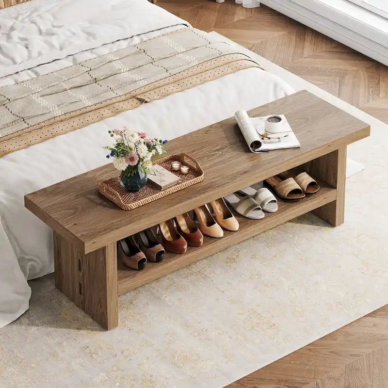 47-Inch Farmhouse Entryway Shoe Bench and Organizer - Oak Brown