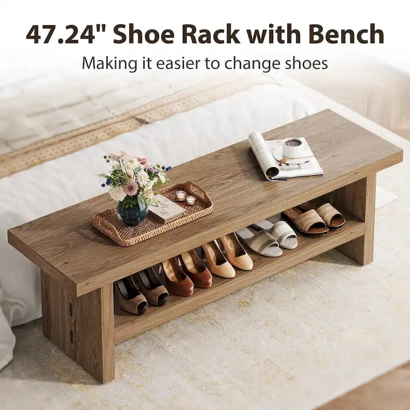 47-Inch Farmhouse Entryway Shoe Bench and Organizer - Oak Brown