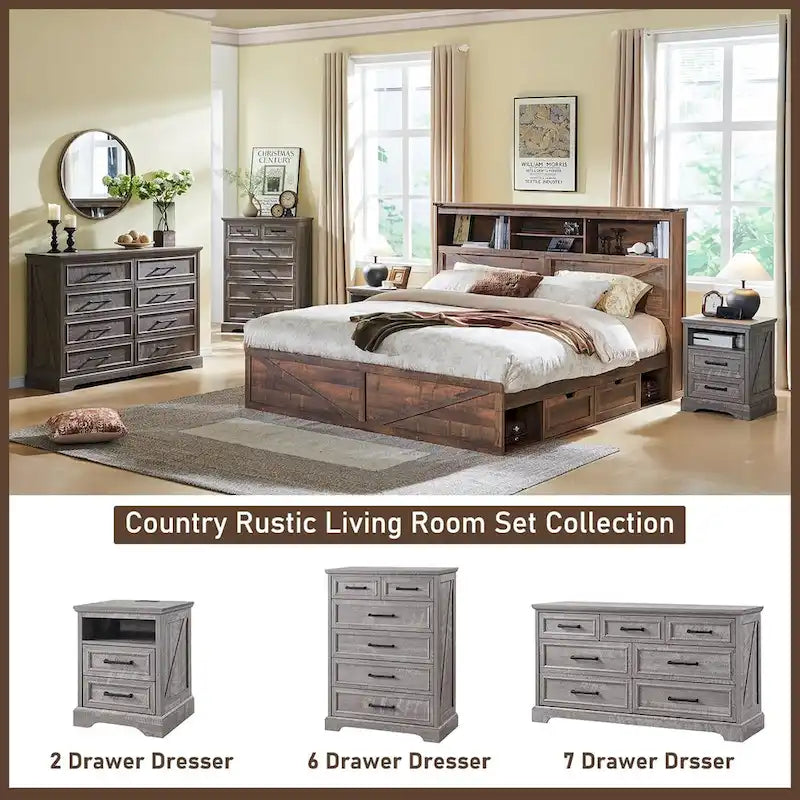 Farmhouse Rustic 6-Drawer Dresser Chest with Wood Grain Finish