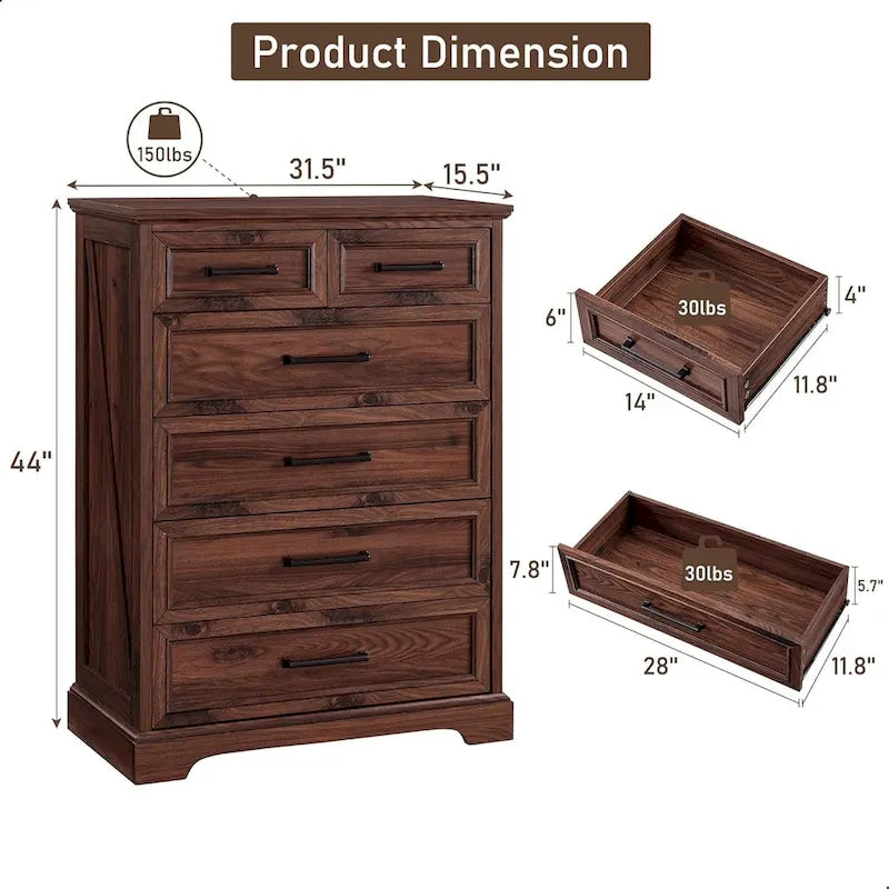 Farmhouse Rustic 6-Drawer Dresser Chest with Wood Grain Finish