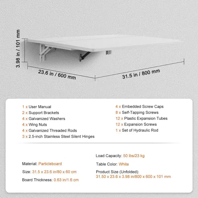 Floating Wall Mount Foldable Desk for Home or Office - Multiple Sizes