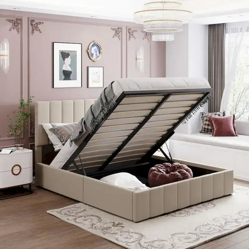 Upholstered Platform Bed with Hydraulic Storage System - Queen and Full