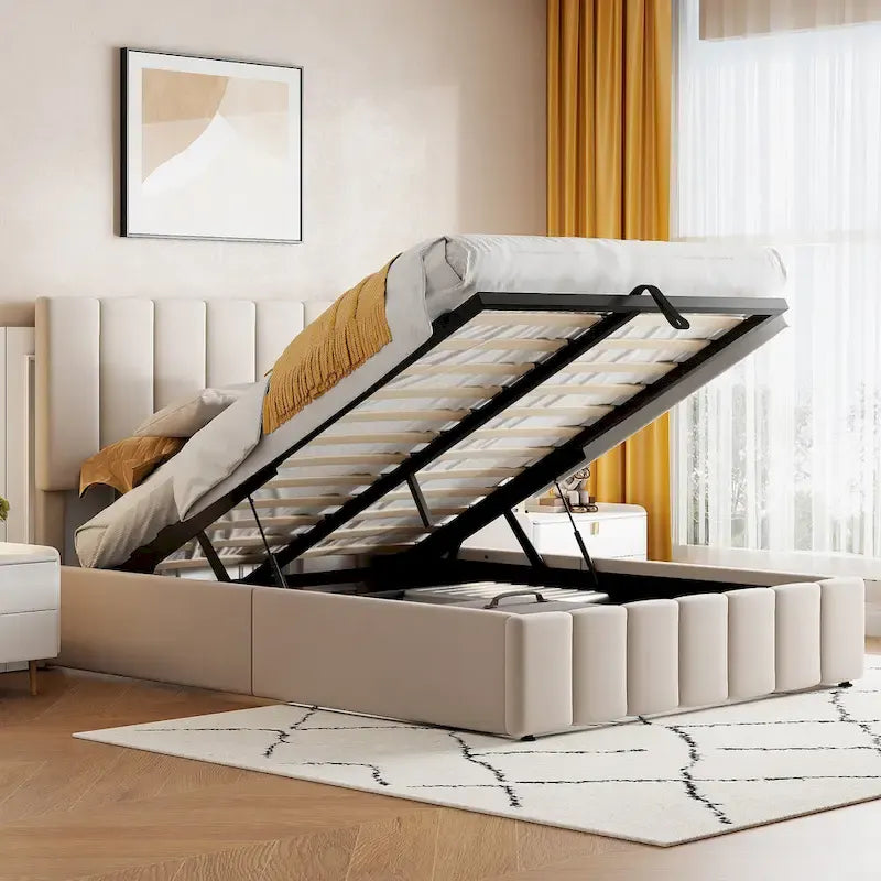 Upholstered Platform Bed with Hydraulic Storage System - Queen and Full