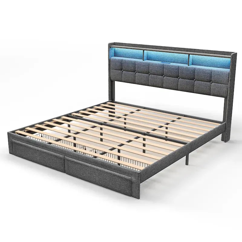 King Size LED Platform Bed with Fast Charging Station, RGB Lighting, Storage Headboard and 20W USB Ports