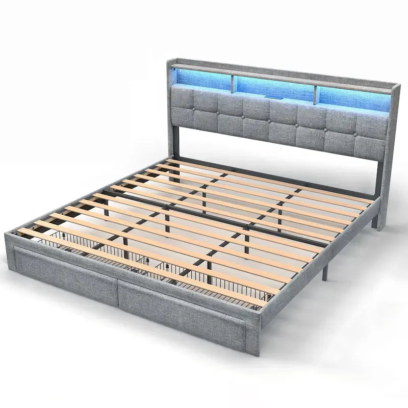 King Size LED Platform Bed with Fast Charging Station, RGB Lighting, Storage Headboard and 20W USB Ports