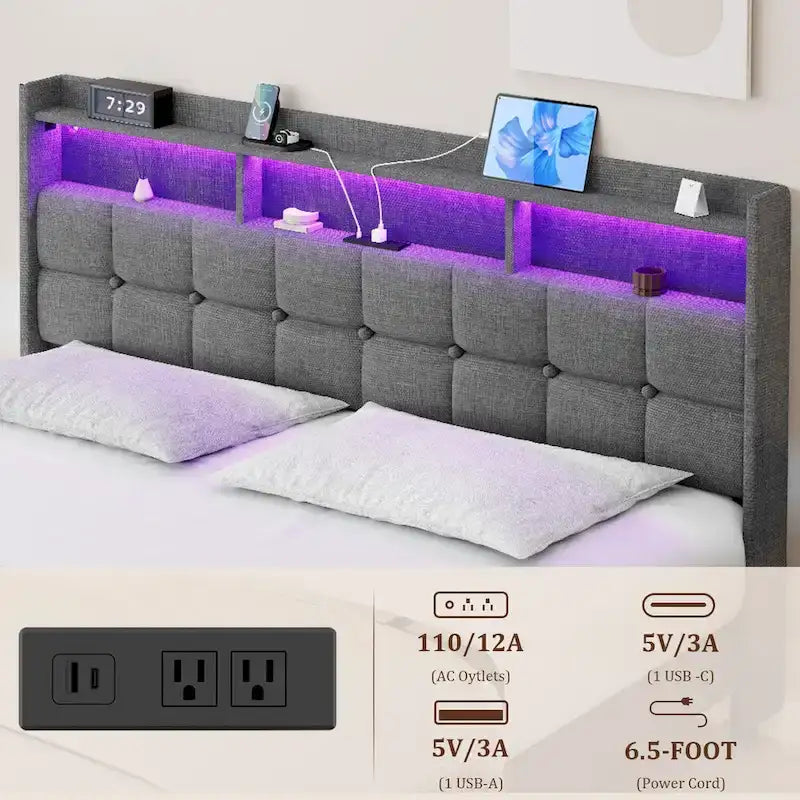 King Size LED Platform Bed with Fast Charging Station, RGB Lighting, Storage Headboard and 20W USB Ports