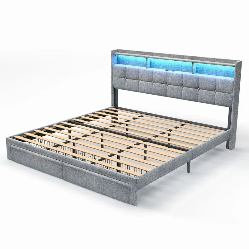 King Size LED Platform Bed with Fast Charging Station, RGB Lighting, Storage Headboard and 20W USB Ports