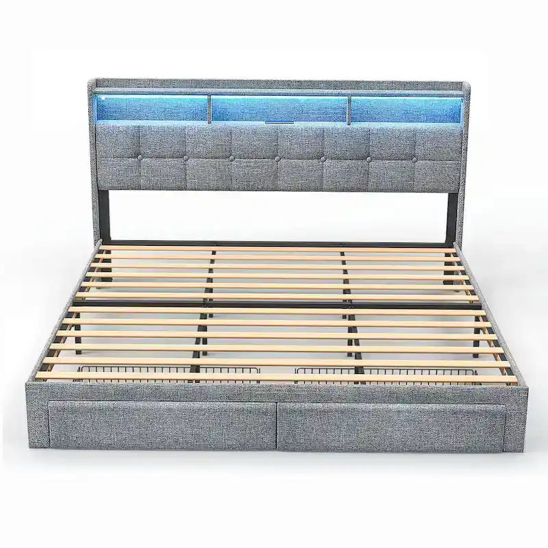 King Size LED Platform Bed with Fast Charging Station, RGB Lighting, Storage Headboard and 20W USB Ports