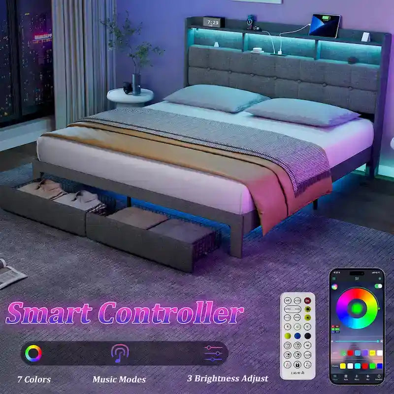 King Size LED Platform Bed with Fast Charging Station, RGB Lighting, Storage Headboard and 20W USB Ports