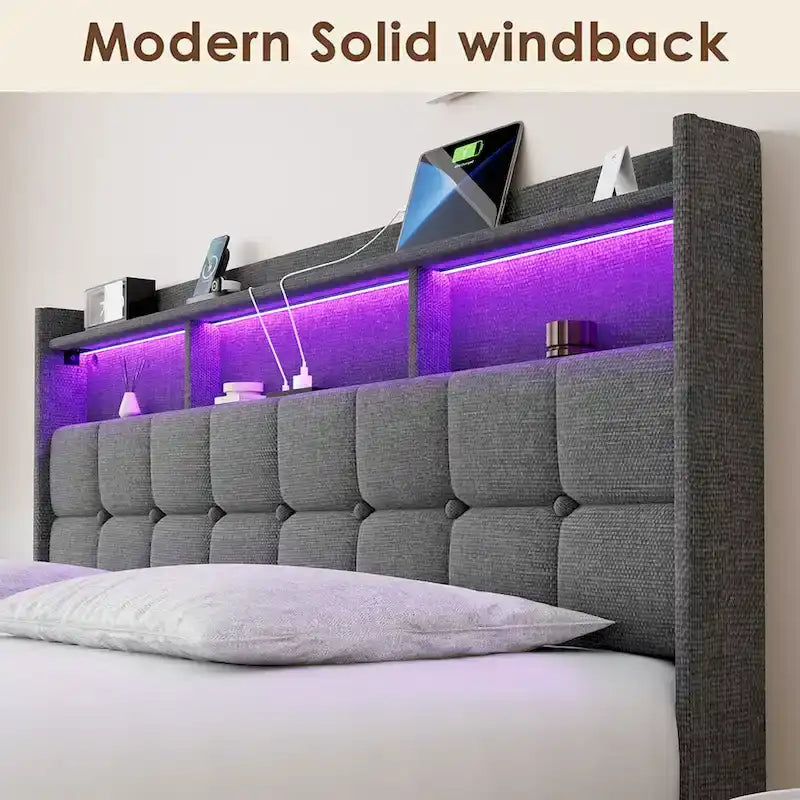 King Size LED Platform Bed with Fast Charging Station, RGB Lighting, Storage Headboard and 20W USB Ports