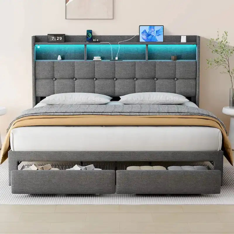 King Size LED Platform Bed with Fast Charging Station, RGB Lighting, Storage Headboard and 20W USB Ports