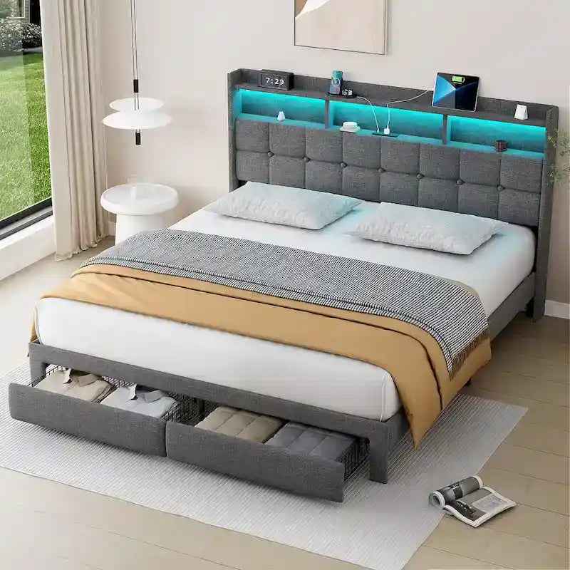 King Size LED Platform Bed with Fast Charging Station, RGB Lighting, Storage Headboard and 20W USB Ports