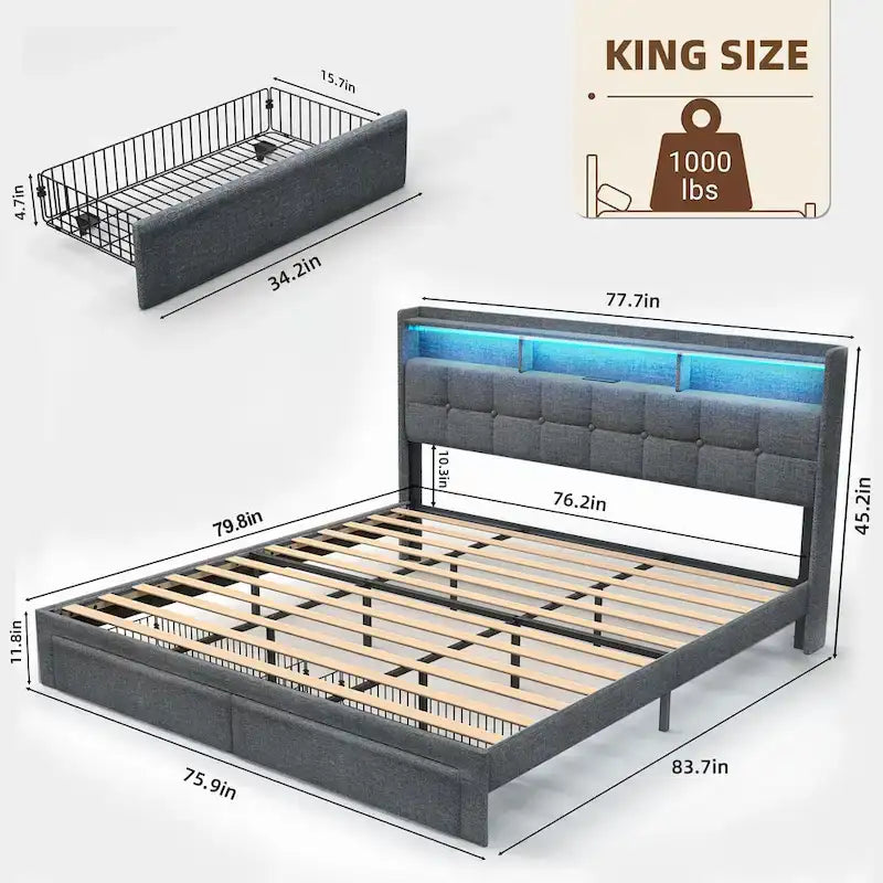 King Size LED Platform Bed with Fast Charging Station, RGB Lighting, Storage Headboard and 20W USB Ports