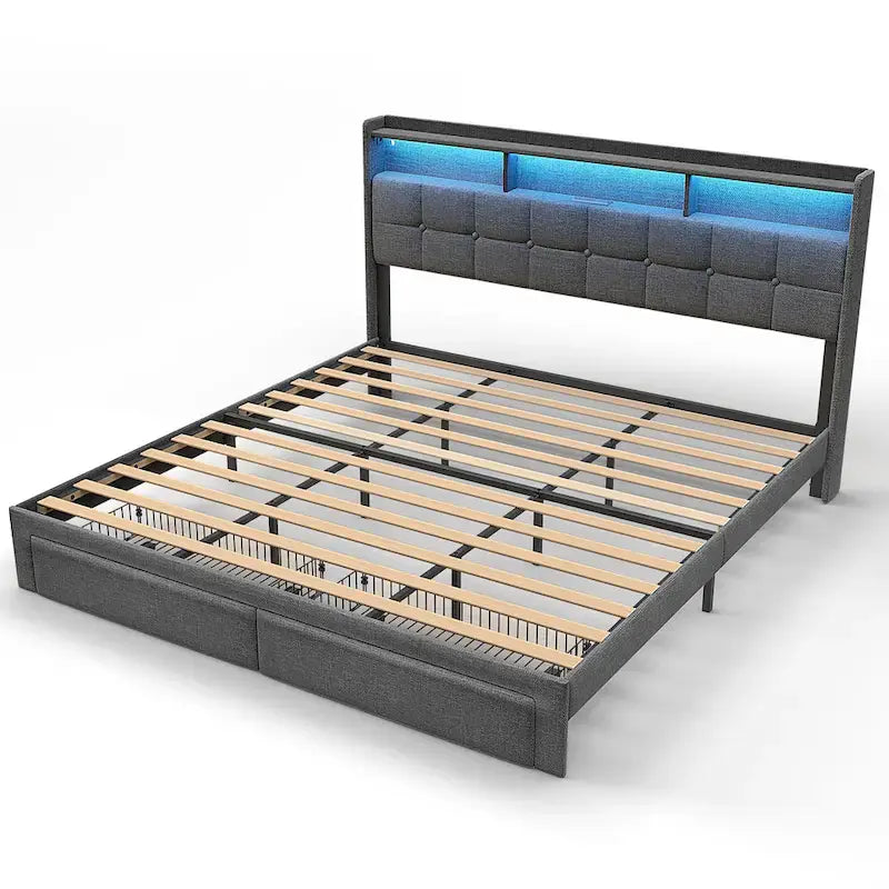 King Size LED Platform Bed with Fast Charging Station, RGB Lighting, Storage Headboard and 20W USB Ports