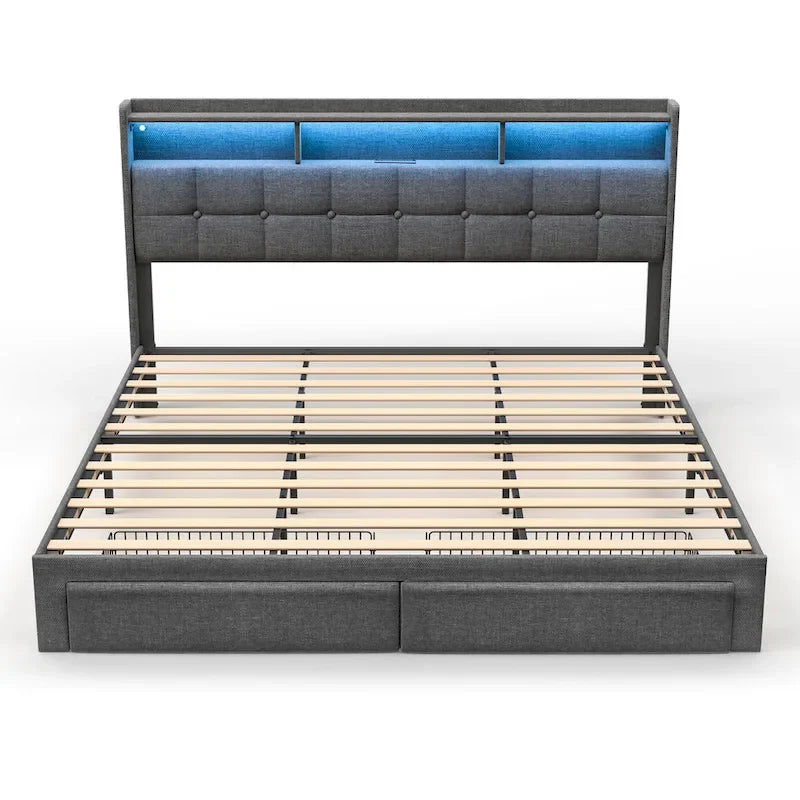 King Size LED Platform Bed with Fast Charging Station, RGB Lighting, Storage Headboard and 20W USB Ports