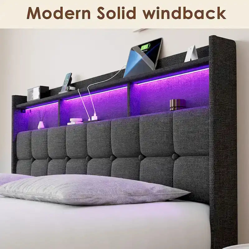 King Size LED Platform Bed with Fast Charging Station, RGB Lighting, Storage Headboard and 20W USB Ports