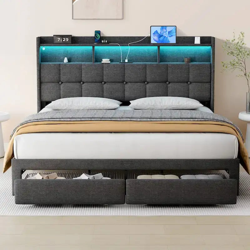 King Size LED Platform Bed with Fast Charging Station, RGB Lighting, Storage Headboard and 20W USB Ports