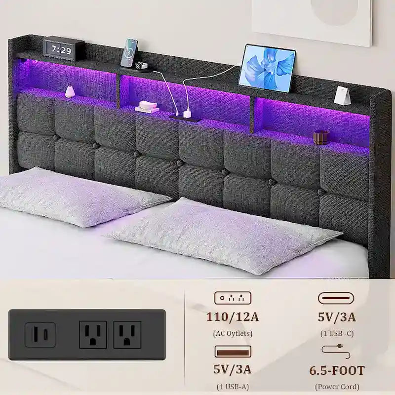 King Size LED Platform Bed with Fast Charging Station, RGB Lighting, Storage Headboard and 20W USB Ports