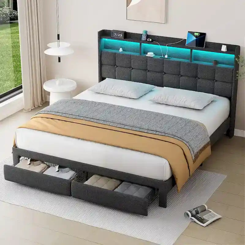King Size LED Platform Bed with Fast Charging Station, RGB Lighting, Storage Headboard and 20W USB Ports