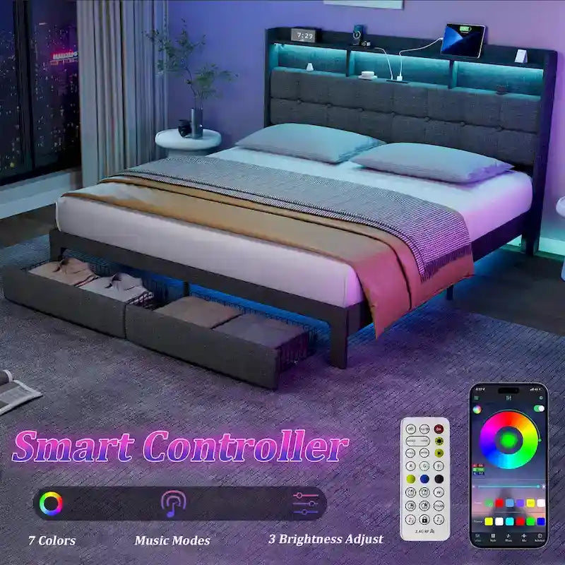 King Size LED Platform Bed with Fast Charging Station, RGB Lighting, Storage Headboard and 20W USB Ports