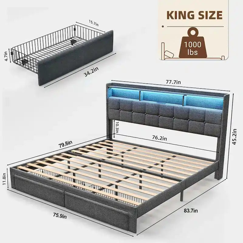 King Size LED Platform Bed with Fast Charging Station, RGB Lighting, Storage Headboard and 20W USB Ports