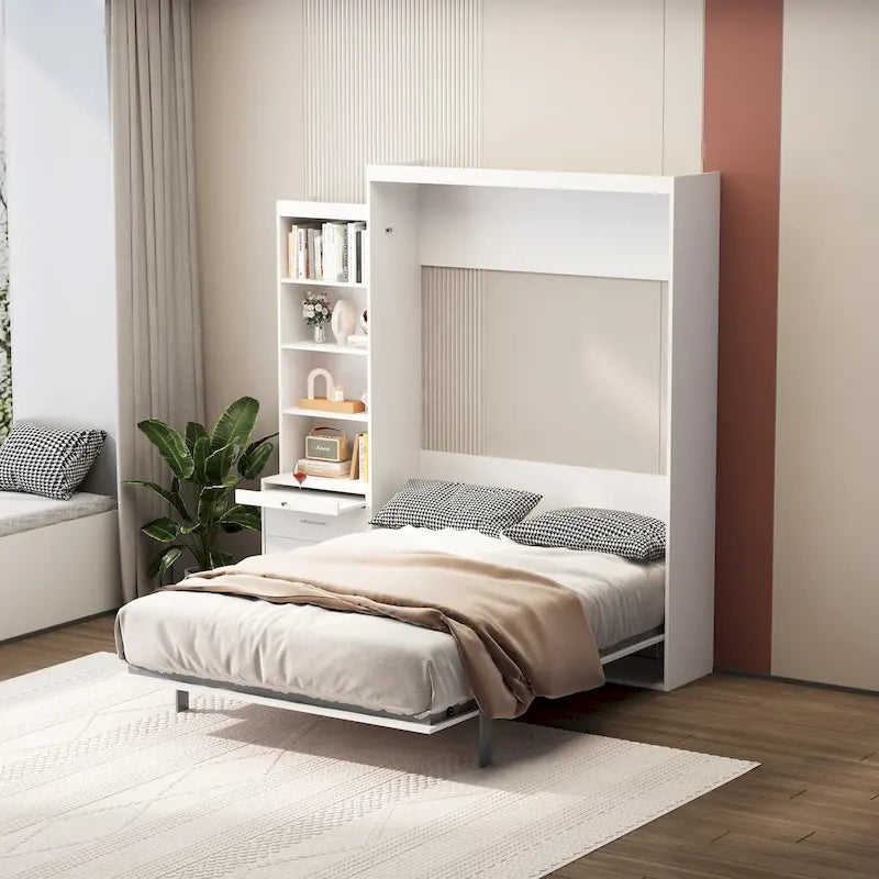White Full Size Murphy Bed with Integrated Shelves and Drawers - Gas Strut