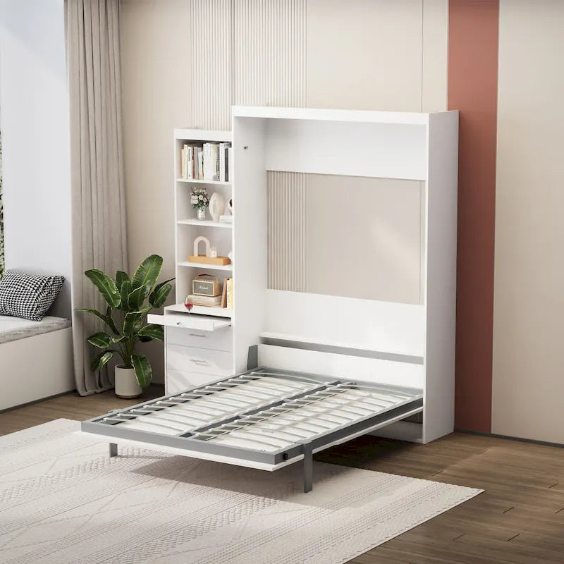 White Full Size Murphy Bed with Integrated Shelves and Drawers - Gas Strut
