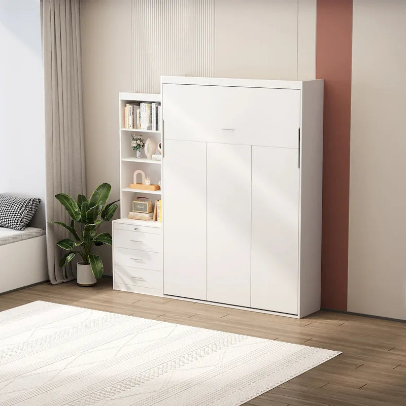 White Full Size Murphy Bed with Integrated Shelves and Drawers - Gas Strut