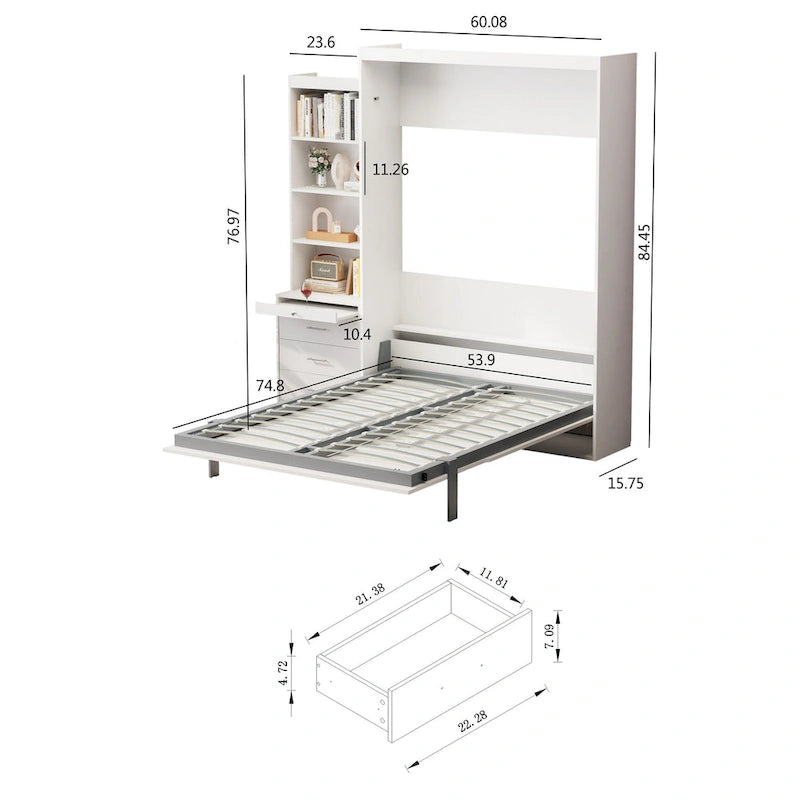 White Full Size Murphy Bed with Integrated Shelves and Drawers - Gas Strut