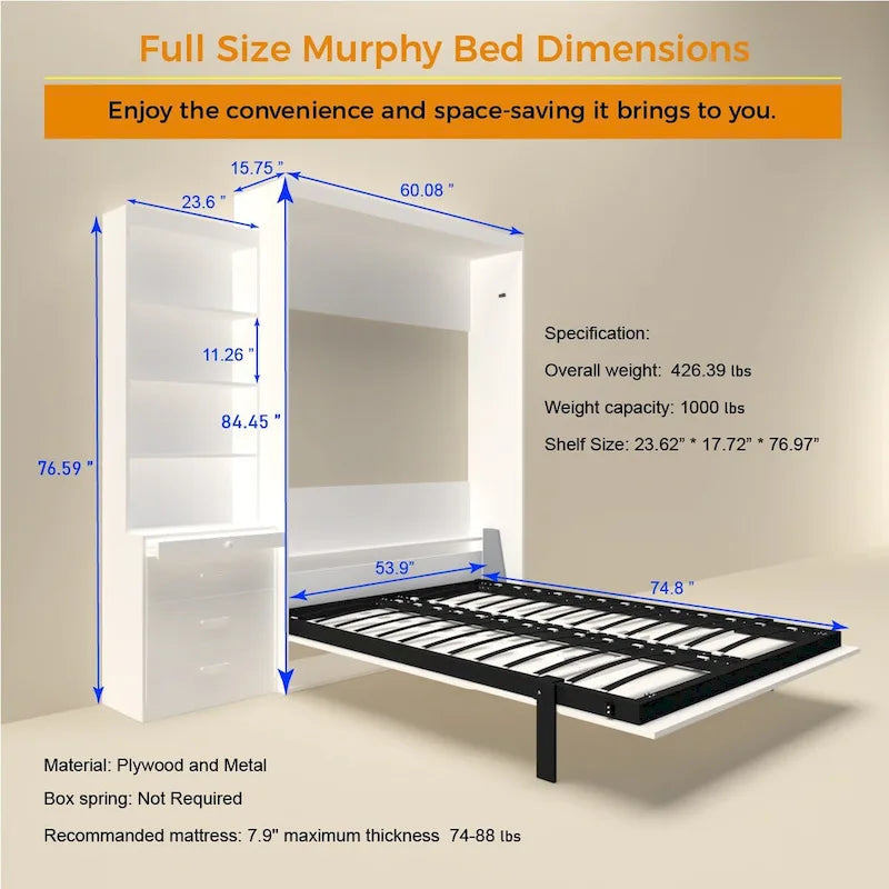White Full Size Murphy Bed with Integrated Shelves and Drawers - Gas Strut