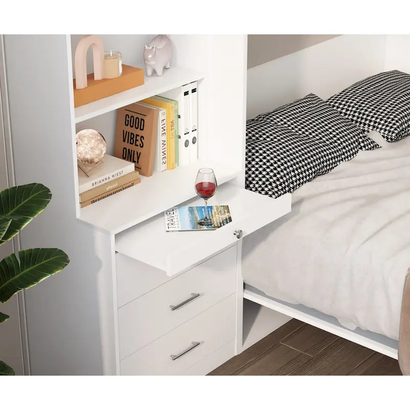 White Full Size Murphy Bed with Integrated Shelves and Drawers - Gas Strut