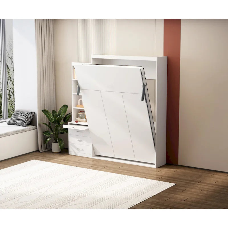 White Full Size Murphy Bed with Integrated Shelves and Drawers - Gas Strut